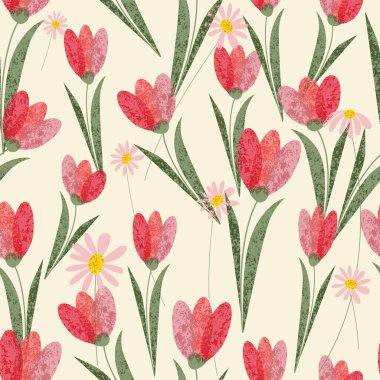 Lalelerle desenli çiçek deseni. Bir doku kullanarak. Kumaş veya duvar kağıdı dekorasyonu için tasarım.