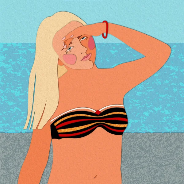 Растровая Иллюстрация Молодой Девушки Купальнике Пляже Плакат Модная Открытка — стоковое фото