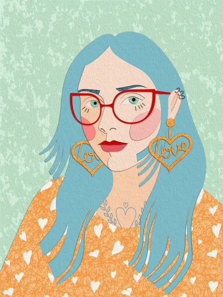 Rastrowa Ilustracja Przedstawiająca Młodą Dziewczynę Jasnoniebieskimi Włosami Ilustracja Mody Pocztówka — Zdjęcie stockowe