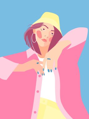 Üzerinde sarı şapkalı, pembe saçlı genç bir kız resmi olan çok renkli vektör çizimi. Moda bir kartpostal..