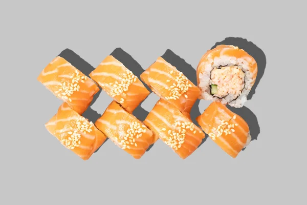 Sushi Maki Isolated Grey Background Spicy Fudjiama Salmon Roll Snow — 스톡 사진