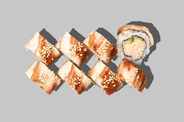 Sushi Maki Isolated Grey Background Eel Roll Snow Crab Avocado — 스톡 사진
