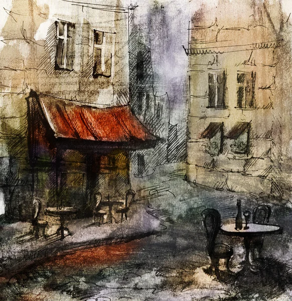 Europäisches Café, grafische Zeichnung in Farbe — Stockfoto