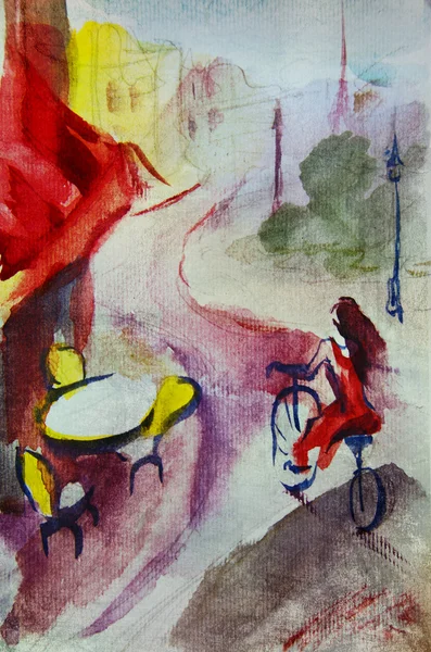 Café europeo, dibujo gráfico en color. Chica conduce una bicicleta — Foto de Stock