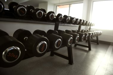Neatly stacked dumbbells