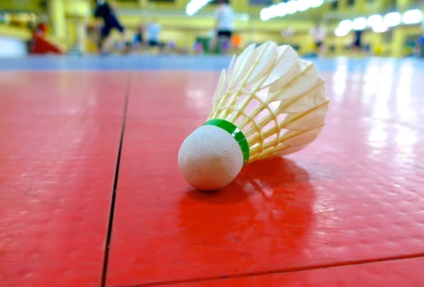 Shuttlecock closeup on the floor at court — Stock Photo, Image