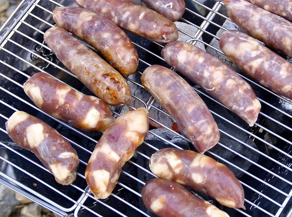 Grillowane mięso i wieprzowina kiełbasy na grilla — Zdjęcie stockowe