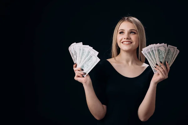 Billetes femeninos de un montón de dólares — Foto de Stock