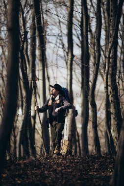 Yürüyüşçü ormanda dinleniyor.