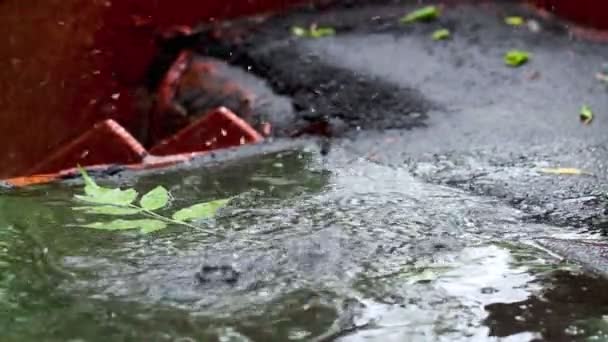 도시의 아스팔트에는 여름이나 가을비가 내리지 웅덩이가 거리는 침수되고 빗방울이 떨어진다 — 비디오