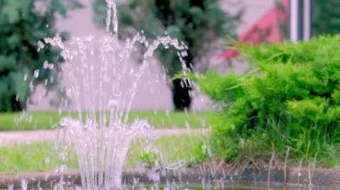 Küçük çeşme suyu püskürtüyor. Çeşmenin yavaş çekim görüntüleri. renk