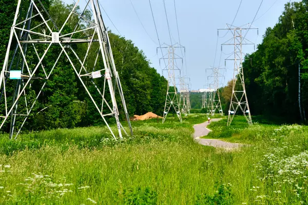 Yüksek voltaj hatları taşıyan uzun bir elektrik iletim kulesi hattı..