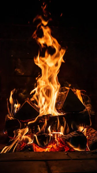 Fireplace lit with burning wood flame. color — Stock Photo, Image