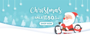 Noel Baba 'nın şirin bir maddesiyle Noel indirimi afişi ve kağıt kesim stili arkadaşlar..