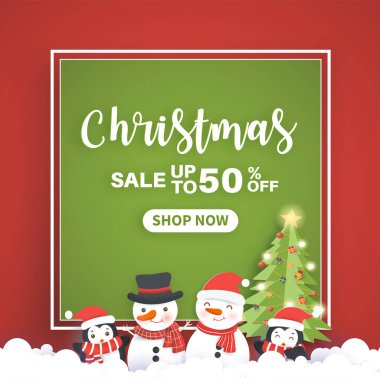 Noel Baba şartı ve kar köyündeki arkadaşlar yazılı Noel indirimi afişi..