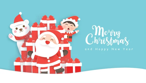 Weihnachten Hintergrund Mit Niedlichen Weihnachtsmann Klausel Freunde Und Geschenk Boxen — Stockvektor