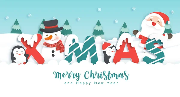 Веселого Різдва Щасливого Нового Року Милим Санто Пінгвінами Сніговому Лісі — стоковий вектор