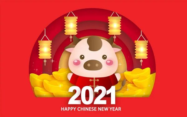 Nouvel Chinois 2021 Année Carte Vœux Avec Bœuf Mignon Stading — Image vectorielle