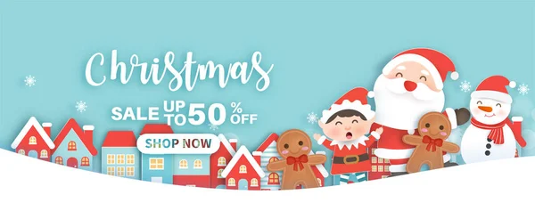 Banner Venda Natal Com Bonito Santa Clasue Amigos Estilo Corte — Vetor de Stock