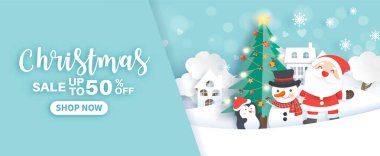 Noel afişi, içinde Noel Baba maddesi ve kar köyü kağıdında Noel elementleri olan kesim ve zanaat tarzı.. 