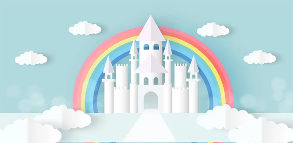 Castelo Whie Céu Estilo Corte Papel — Vetor de Stock