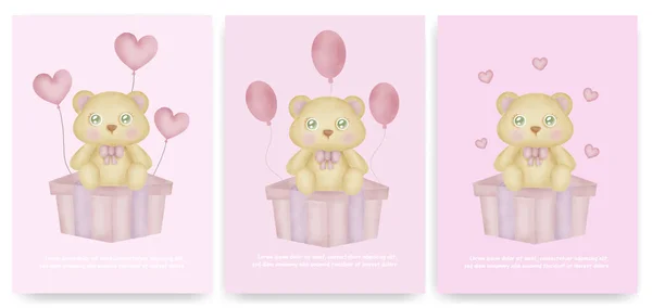 Modèle Carte Anniversaire Pour Enfants Avec Ours Peluche Mignon Assis — Image vectorielle