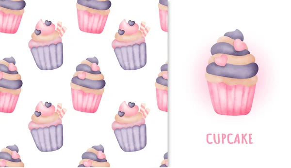 Patrón Inconsútil Cupcake Dulce Tarjeta Felicitación Acuarela Iillustration — Vector de stock