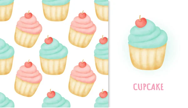 Nahtlose Muster Süßer Cupcake Und Grußkarte Aquarell Iillustration — Stockvektor