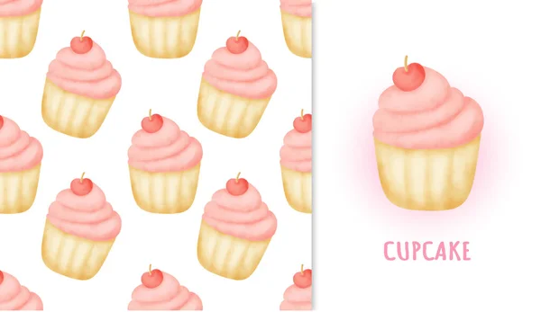 Motif Sans Couture Cupcake Sucré Carte Vœux Aquarelle Iillustration — Image vectorielle