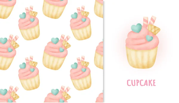 Nahtlose Muster Süßer Cupcake Und Grußkarte Aquarell Iillustration — Stockvektor