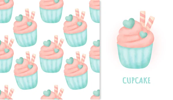 Motif Sans Couture Cupcake Sucré Carte Vœux Aquarelle Iillustration — Image vectorielle