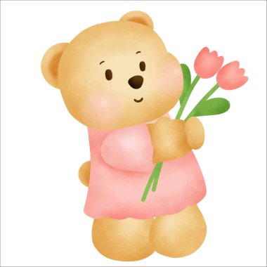 Tatlı karikatür ayıcık suluboya el çizimi.