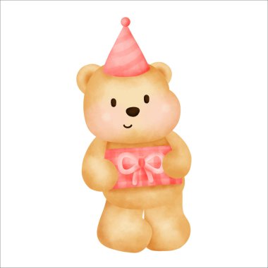 Doğum günün kutlu olsun. Elinde hediye kutusu olan sevimli bir oyuncak ayı..