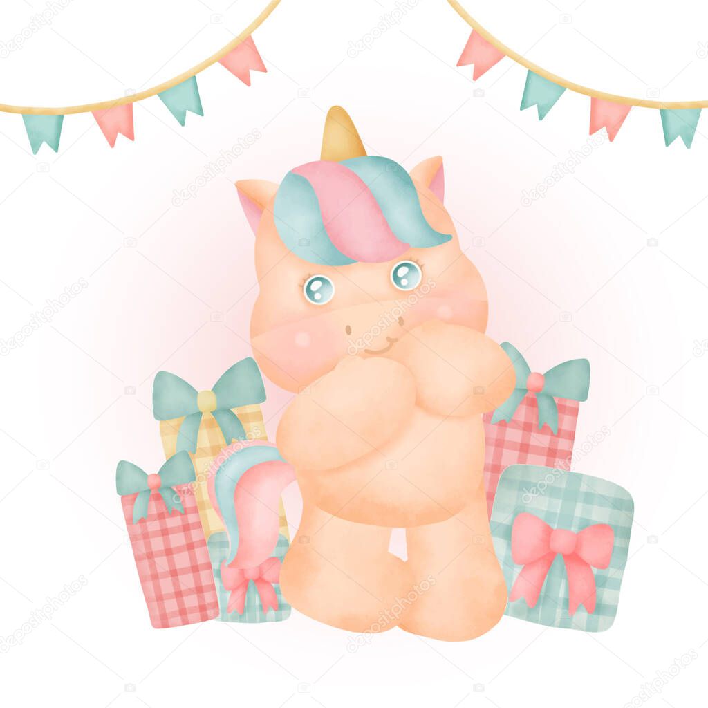 Watercolor cute Unicorn party with gift boxes.