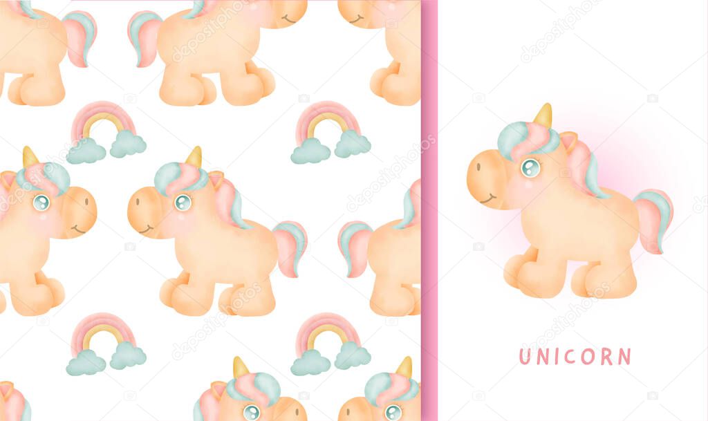 Seamless pattern and greeting card with cute unicorn.