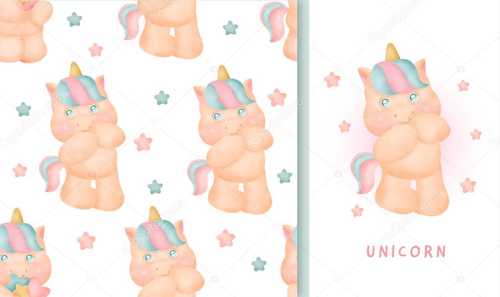 Seamless pattern and greeting card with cute unicorn.