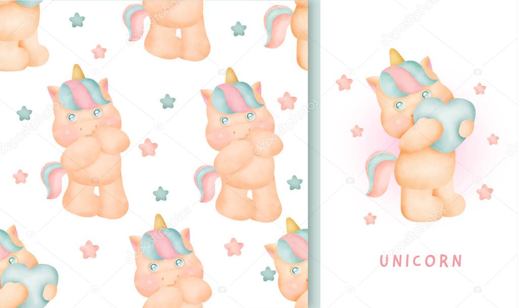 Seamless pattern and greeting card with cute unicorn.