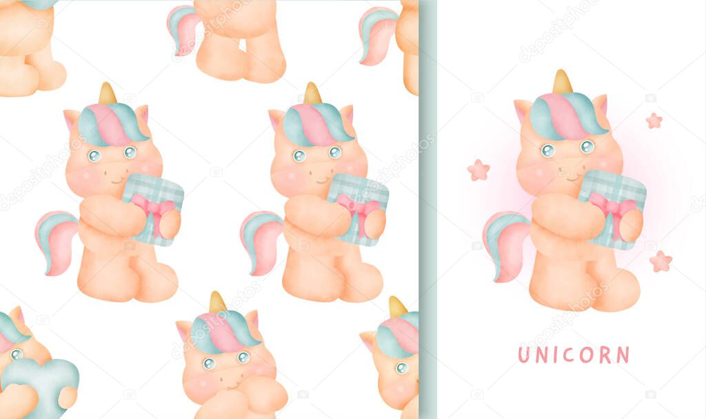 Seamless pattern and greeting card with cute unicorn.