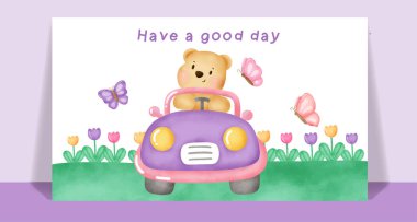 Çiçek bahçesinde tebrik kartı için suluboya şirin bir oyuncak ayı. .