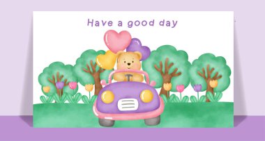 Çiçek bahçesinde tebrik kartı için suluboya şirin bir oyuncak ayı. .