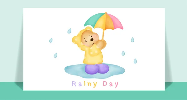 Tebrik Kartı Için Yağmurda Suluboya Tatlı Oyuncak Ayı — Stok Vektör