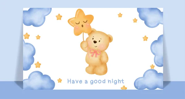 水彩画可爱的泰迪熊拿着明星明信片 — 图库矢量图片