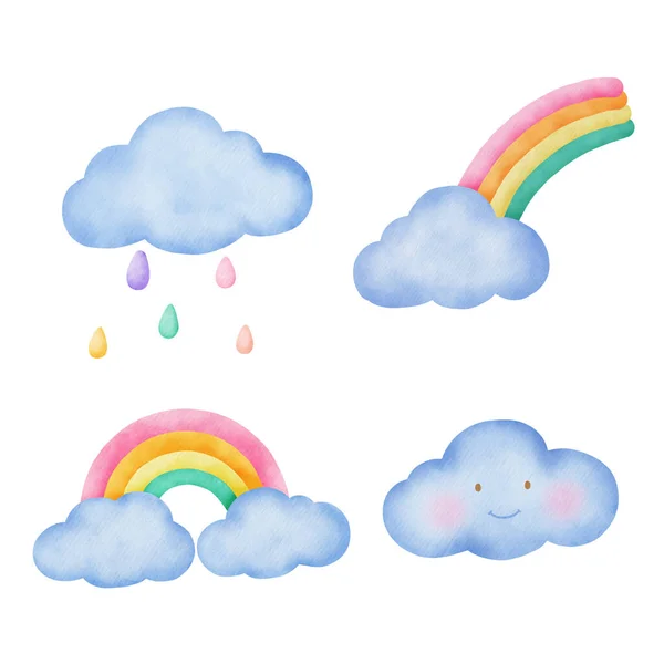 Aquarell Niedliche Wolke Und Regenbogen Set — Stockvektor