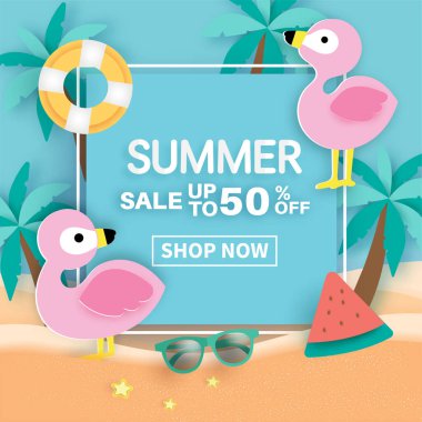Tropikal flamingolu yaz pankartı ve yaz elementleri.