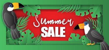 Kağıt kesim tarzında kuşlu tropik yaz indirimi afişi