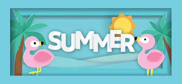 Tropischer Sommerschlussverkauf Banner Mit Flamingo Papierschnitt Stil — Stockvektor
