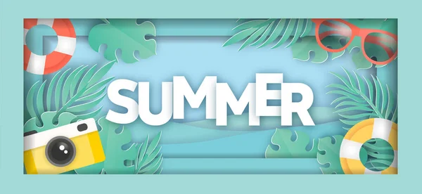 Tropischer Sommerschlussverkauf Banner Mit Sommerlichen Elementen Papierschnitt Stil — Stockvektor