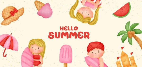 Banner Verano Con Elementos Verano Estilo Acuarela — Archivo Imágenes Vectoriales