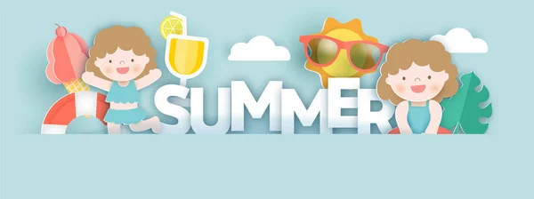 Zomer Banner Met Zomer Elementen Papier Gesneden Stijl — Stockvector