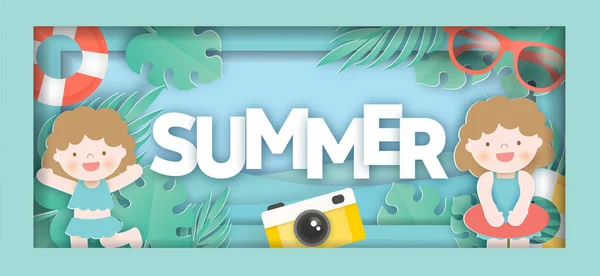 Tropischer Sommerschlussverkauf Banner Mit Sommerlichen Elementen Papierschnitt Stil — Stockvektor